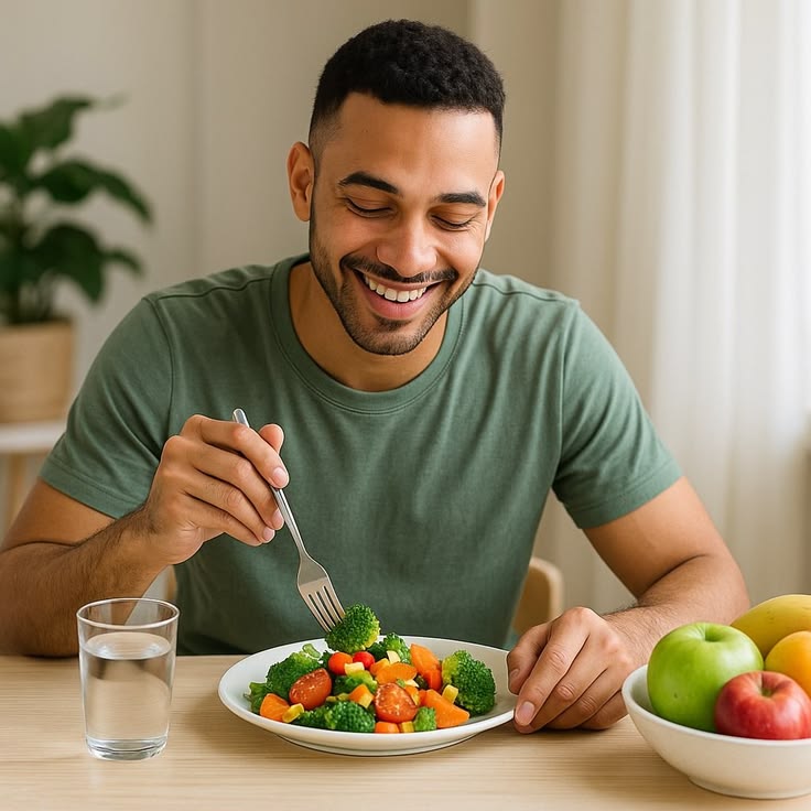 Smiling man eating with chopsticks